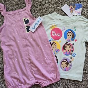 *NWT* 12M -Carter's Pink Polka Dot Romper and Ms. Rachel Graphic Tee Set
